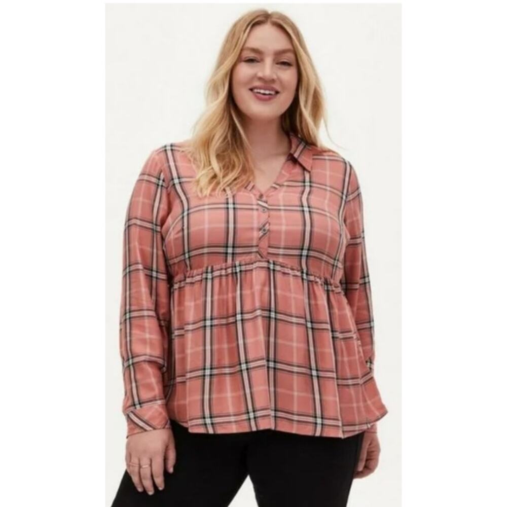 Torrid 4 Women 4x Peach Pink Plaid Twill Peplum Shirred Waist Blouse Shirt